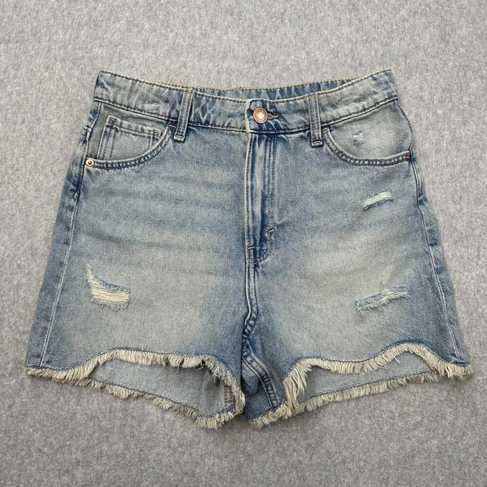 H&M Jeans Shorts Girls 14 High Rise Light Blue Denim Distressed Adjustable Waist